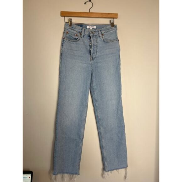 Re/Done Frayed Hem Straight Leg High Rise Stove Pipe Jean Blue Size: 24 - Picture 2 of 8